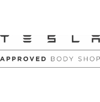 tesla approved collision repair white logo